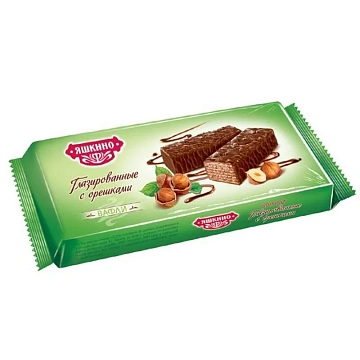 Вафли ЯШКИНО 'Глазированные с орешками' с начинкой из какао и дробленого фундука, 200 г, ЯВ218