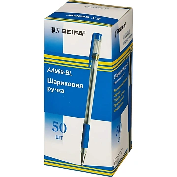 Ручка шариковая с грипом BEIFA (Бэйфа), СИНЯЯ, корпус прозрачный, узел 0,7 мм, линия письма 0,5 мм, AA999-BL