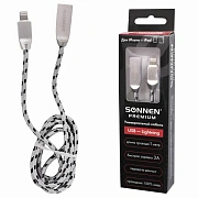 Кабель USB 2.0-Lightning, 1 м, SONNEN Premium, медь, для iPhone/iPad, передача данных и зарядка, 513