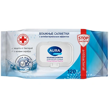 Салфетки влажные Aura Family с антибактериальным эффектом, 120шт