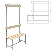 Скамья с вешалкой, спинкой 'СВТ 4', 1765х1000х395 мм, 6 крючков, регулируемые опоры, каркас металлич