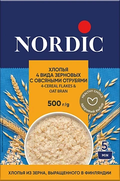 Хлопья Nordic 4 вида зерновых-овсяные отруби, 500г
