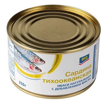 aro Сардина тихоокеанская иваси натуральная с добавлением масла, 250г