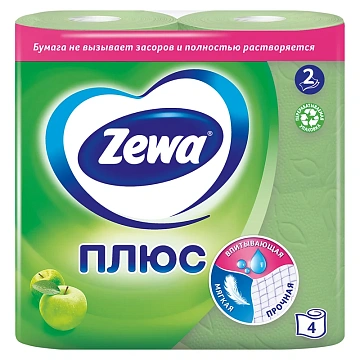Туалетная бумага Zewa Плюс яблоко, 2 слоя, 4 рулона, 23 м, зеленая