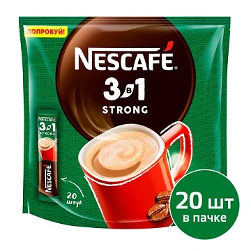 Кофе растворимый порционный NESCAFE '3 в 1 Крепкий', КОМПЛЕКТ 20 пакетиков по 14,5 г, 12460873