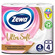 Туалетная бумага Zewa Ultra Soft 4 слоя, 4 рулона, 16 м, белая