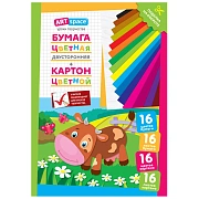 Набор А4 цв. немел. картона, 16л., 16цв. и цв. двустор. газет. бумаги, 16л.,16цв., ArtSpace 'Коровка