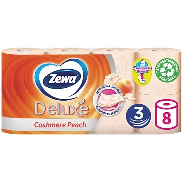 Туалетная бумага Zewa Deluxe персик, оранжевая, 3 слоя, 8 рулонов, 150 листов, 21м