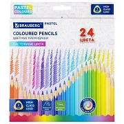 Карандаши цветные BRAUBERG PASTEL, 24 пастельных цвета, трехгранные, грифель 3 мм, натуральное дерево, 181851