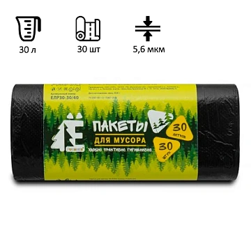 Мешки для мусора Ромашка Эконом 30л, ПНД, 48х57.5см, 6мкм, 30шт, черные, в рулоне