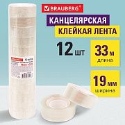 Клейкие ленты 19 мм х 33 м канцелярские BRAUBERG, комплект 12 шт., прозрачные, 223125