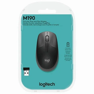 Мышь беспроводная LOGITECH M190, 2 кнопки + 1 колесо-кнопка, оптическая, черно-серая