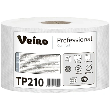 Туалетная бумага Veiro Professional Comfort ТР210, центраяльная вытяжка, 215м, 2 слоя, белая, 1 рулон