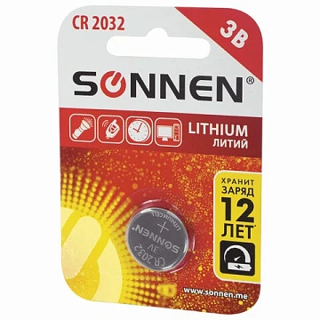 Батарейка литиевая SONNEN Lithium CR2032 'таблетка, дисковая, кнопочная' 1 шт., блистер, 451974