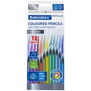 Карандаши цветные BRAUBERG METALLIC, 12 цветов металлик, трехгранные, грифель 3 мм, черное дерево, 181853