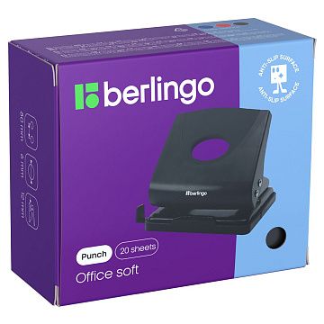 Дырокол Berlingo 'Office Soft' 20л., пластиковый, черный, с линейкой