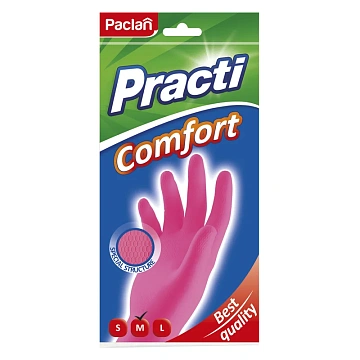 Перчатки МНОГОРАЗОВЫЕ латексные PACLAN 'Practi Comfort', хлопчатобумажное напыление, размер 7,5-8, M (средний), розовые, вес 62 г, 407651