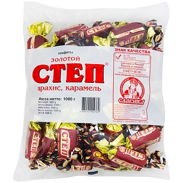 Конфеты шоколадные СЛАВЯНКА 'Золотой Степ' с мягкой карамелью и арахисом, 1000 г, пакет, 20463