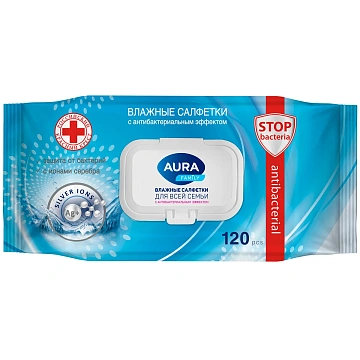 Салфетки влажные Aura Family с антибактериальным эффектом, 120шт