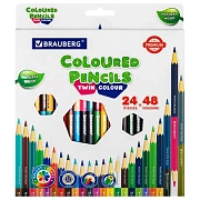 Карандаши цветные двусторонние BRAUBERG PREMIUM TWIN COLOUR, 24 штуки, 48 цветов, шестигранные, гриф