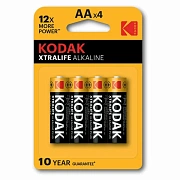Батарейки алкалиновые 'пальчиковые' КОМПЛЕКТ 4 шт., KODAK Xtralife Alkaline, АА (LR6, 24А), блистер, Б0014328