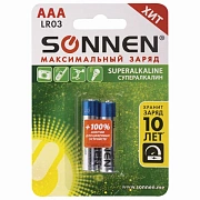 Батарейки КОМПЛЕКТ 2 шт., SONNEN Super Alkaline, AAA (LR03, 24А), алкалиновые, мизинчиковые, блистер