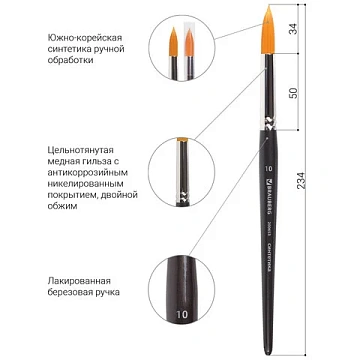 Кисть художественная проф. BRAUBERG ART CLASSIC, синтетика жесткая, круглая, № 10, короткая ручка, 2