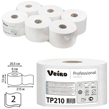 Туалетная бумага Veiro Professional Comfort ТР210, центраяльная вытяжка, 215м, 2 слоя, белая, 1 рулон