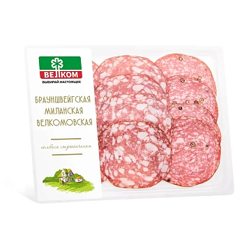 Колбаса Велком Брауншвейгская-миланская-велкомовская сырокопченая нарезка, 90г