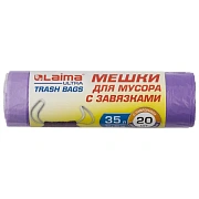 Мешки для мусора с завязками LAIMA 'ULTRA' 35 л, фиолетовые, в рулоне 20 шт., прочные, ПНД 13 мкм, 50х60 см, 607685
