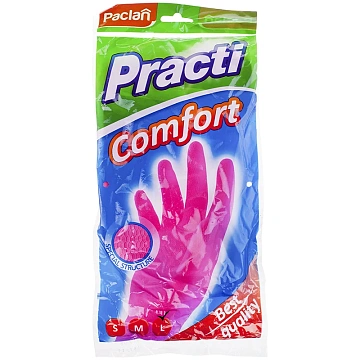 Перчатки МНОГОРАЗОВЫЕ латексные PACLAN 'Practi Comfort', хлопчатобумажное напыление, размер 7,5-8, M (средний), розовые, вес 62 г, 407651