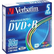 Носители информации DVD+R, 16x, Verbatim Colour, Slim/5, 43556