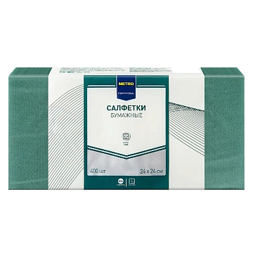 Салфетки бумажные Metro Professional 24 x 24см, 400шт, 1 слой, зеленые