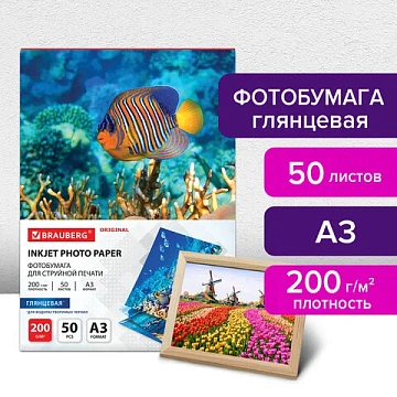 Фотобумага глянцевая БОЛЬШОГО ФОРМАТА, А3, 200 г/м2, односторонняя, 50 листов, BRAUBERG ORIGINAL, 36