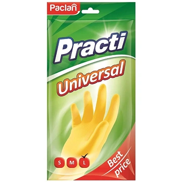 Перчатки МНОГОРАЗОВЫЕ латексные PACLAN 'Practi Universal', хлопчатобумажное напыление, размер 8,5-9, L (большой), желтые, 407895