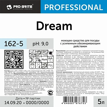 Средство для мытья посуды 5 л, PRO-BRITE DREAM, фруктовый аромат, нейтральное, концентрат, 162-5