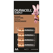 Батарейки КОМПЛЕКТ 4 шт. (отрывной блок) DURACELL Simply ОРИГИНАЛ, AA (LR6, 15А), алкалиновые, пальч