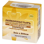 Лейкопластырь медицинский фиксирующий в рулоне 3х500 см, LEIKO, на тканевой основе, белого цвета, в картонной коробке, 531228