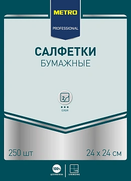 Салфетки бумажные Metro Professional 24x24см, 250шт, 2 слоя, зеленые