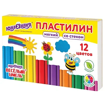 Пластилин мягкий ЮНЛАНДИЯ 'ВЕСЕЛЫЙ ШМЕЛЬ', 12 цветов, 180 г, СО СТЕКОМ, 106672