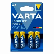 Батарейки алкалиновые 'пальчиковые' КОМПЛЕКТ 4 шт., VARTA LONGLIFE POWER, АА (LR6, 24А), блистер, 4906121414