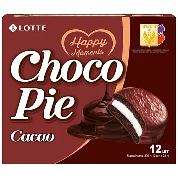 Печенье LOTTE 'Choco Pie Cacao' ('Чоко Пай Какао'), глазированное, картонная упаковка, 336 г, 12 шт.