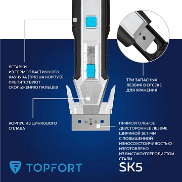 Нож универсальный скребок+д/вскр.упак.матер. TOPFORT,цинк+TPR,3 зап.лезв