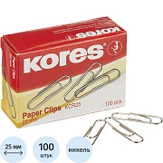 Скрепки KORES с отгибом,никелированные, 25 мм, негофрированные,100шт/уп