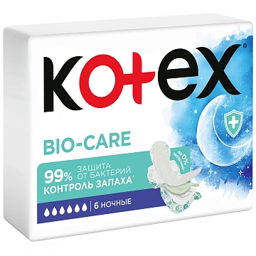 Прокладки гигиенические Kotex Bio-Care ночные, 6шт