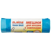 Мешки для мусора с завязками LAIMA 'ULTRA' 60 л, синие, рулон 20 шт., прочные, ПНД 18 мкм, 60х70 см, 607692