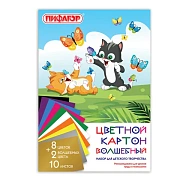 Картон цветной А4 немелованный (матовый), ВОЛШЕБНЫЙ, 10 листов 10 цветов, в папке, ПИФАГОР, 200х290 мм, 'Котята', 129914