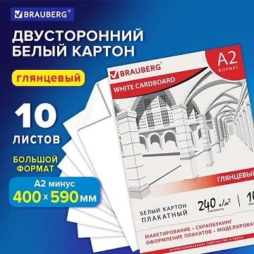 Картон белый БОЛЬШОГО ФОРМАТА, А2 МЕЛОВАННЫЙ (глянцевый), 10 листов, в папке, BRAUBERG, 400х590 мм,