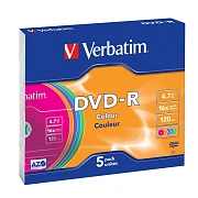 Носители информации DVD-R, 16x, Verbatim Azo Colour, Slim/5, 43557