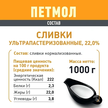 Сливки Петмол ультрапастеризованные 22%, 1кг